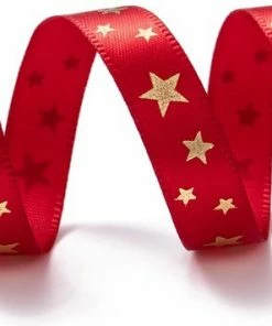 Beste Verkoop 👏 Merkloos Kerst Lint 10mm (1cm) | Luxe Satijnlint | Kerstlint | Gouden Sterren | Rood Goud | Cadeaulint | Decoratielint | Rol: 9 Meter ❤️