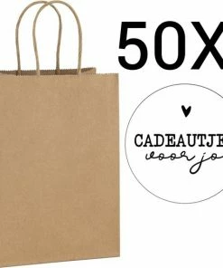 Groothandel ๐ LOVV-Papieren Tasjes -Cadeautasjes-Cadeauzakjes-voor Sinterklaas En Kerst-50 Stuks-Bruin-Incl 50 Stickers Twv 9,95-18+8x24 Cm โญ